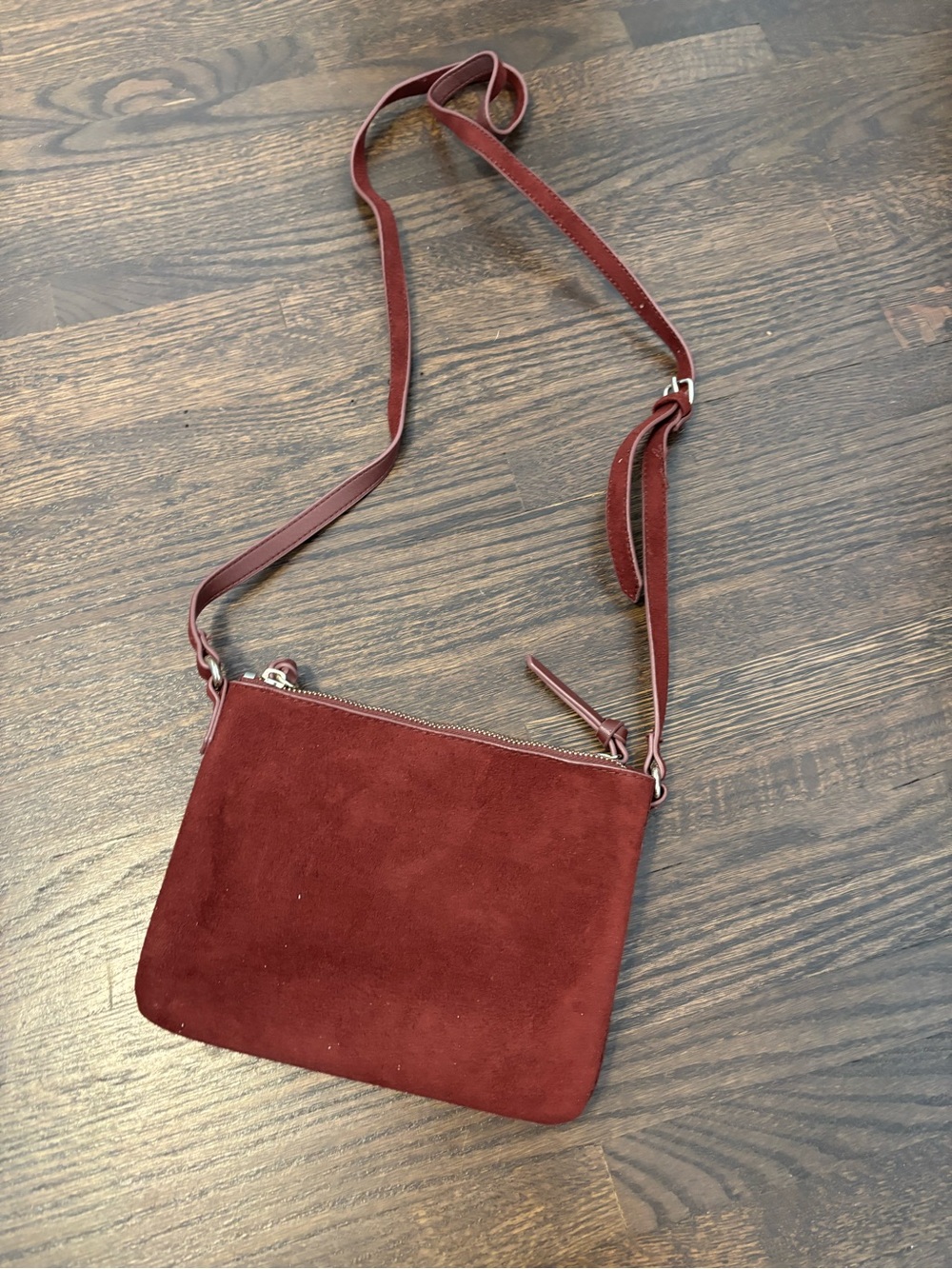 Suede Crossbody Bag in Burgundy - Adjustable Strap